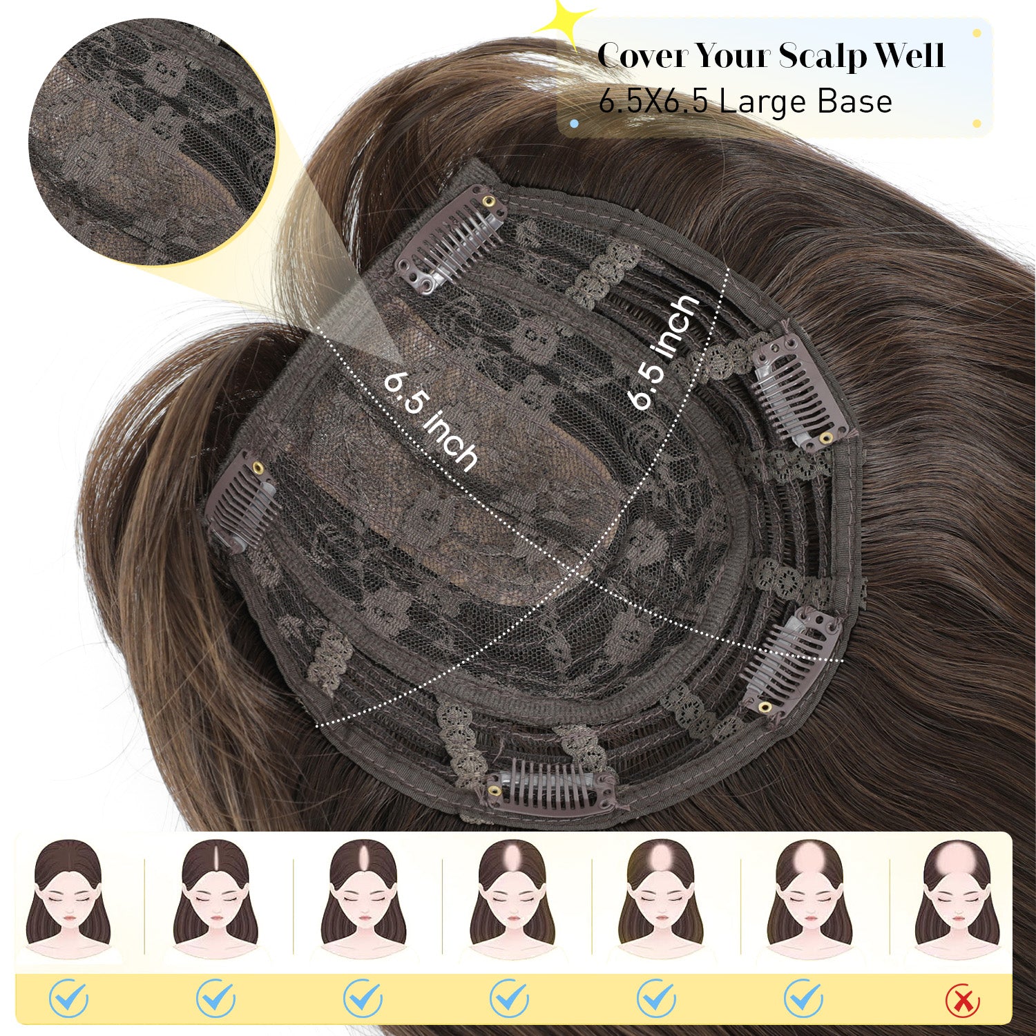 18" Hair Topper with Bangs Natural Straight Wavy 6.5x6.5inch Base