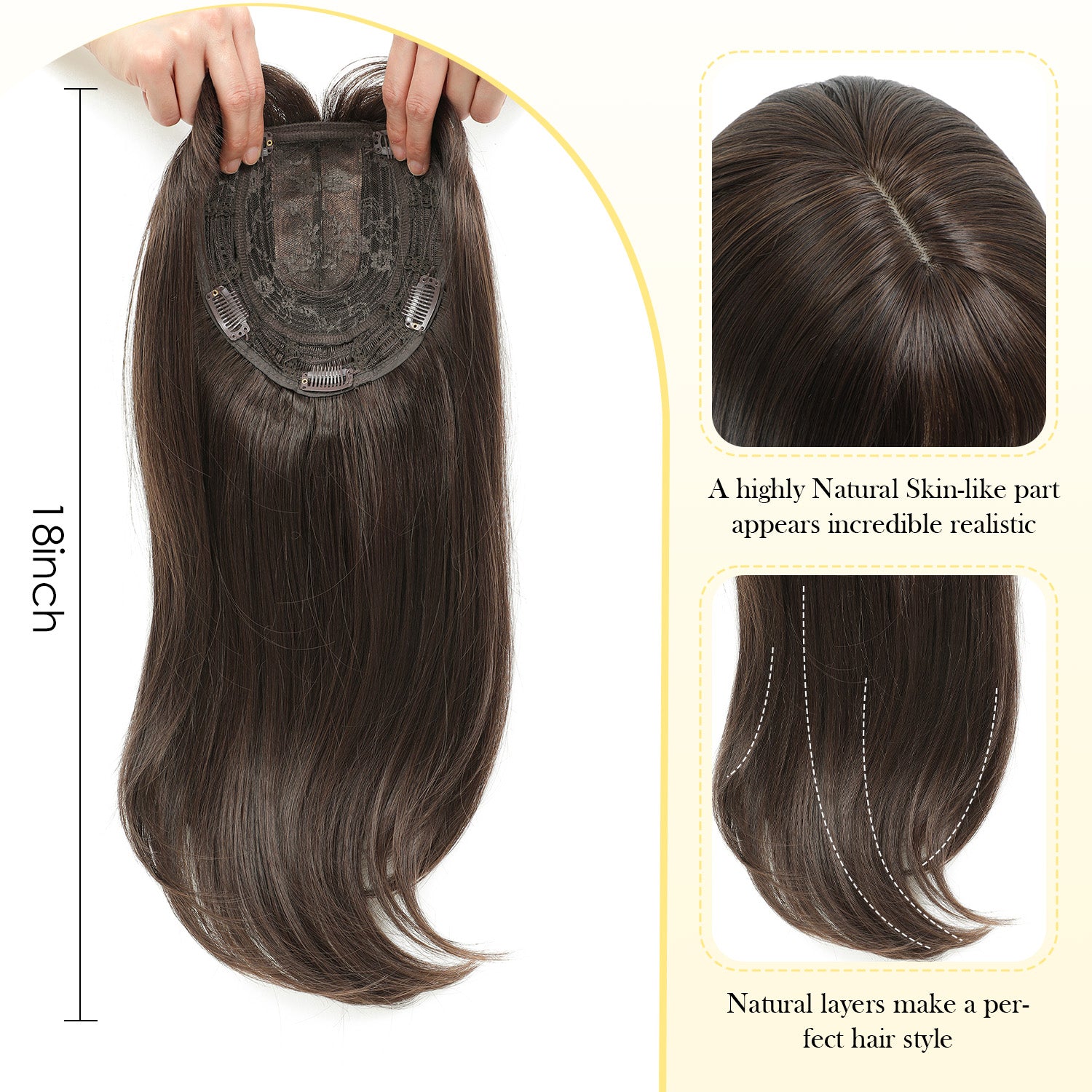 18" Hair Topper with Bangs Natural Straight Wavy 6.5x6.5inch Base