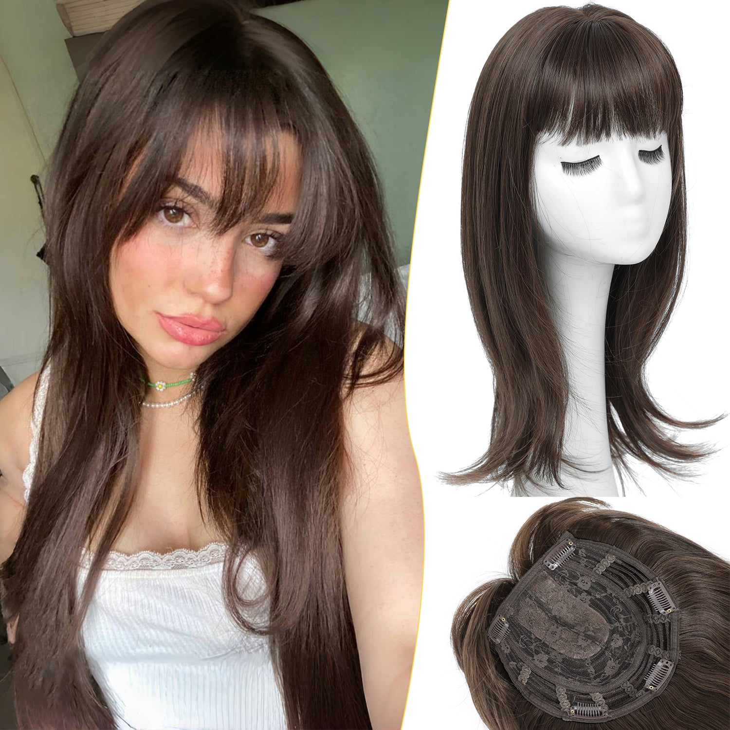 18" Hair Topper with Bangs Natural Straight Wavy 6.5x6.5inch Base