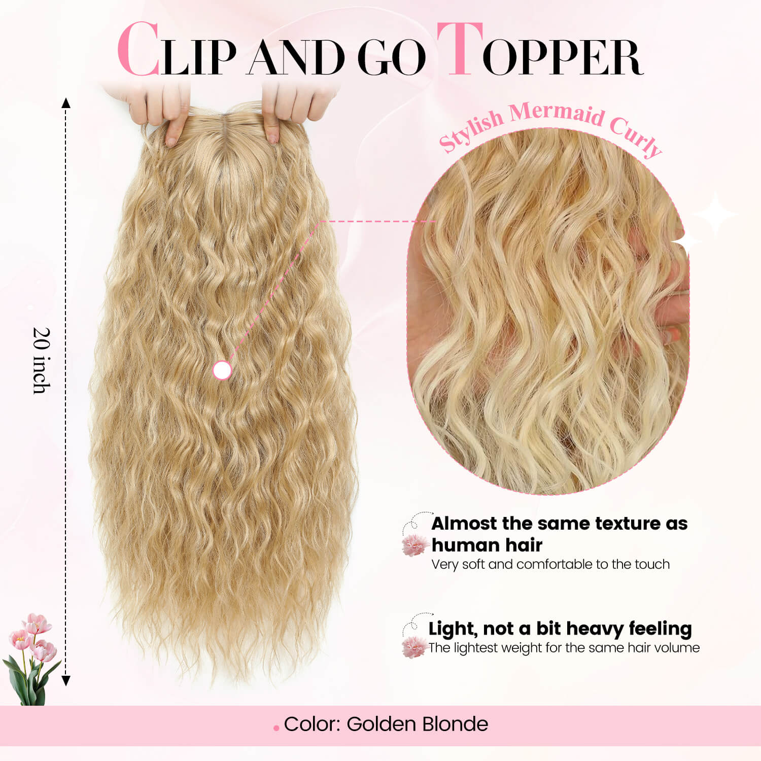 20" Mermaid Curly Hair Toppers with 5Clips Synthetic Hair 6.5x6.5inch Base