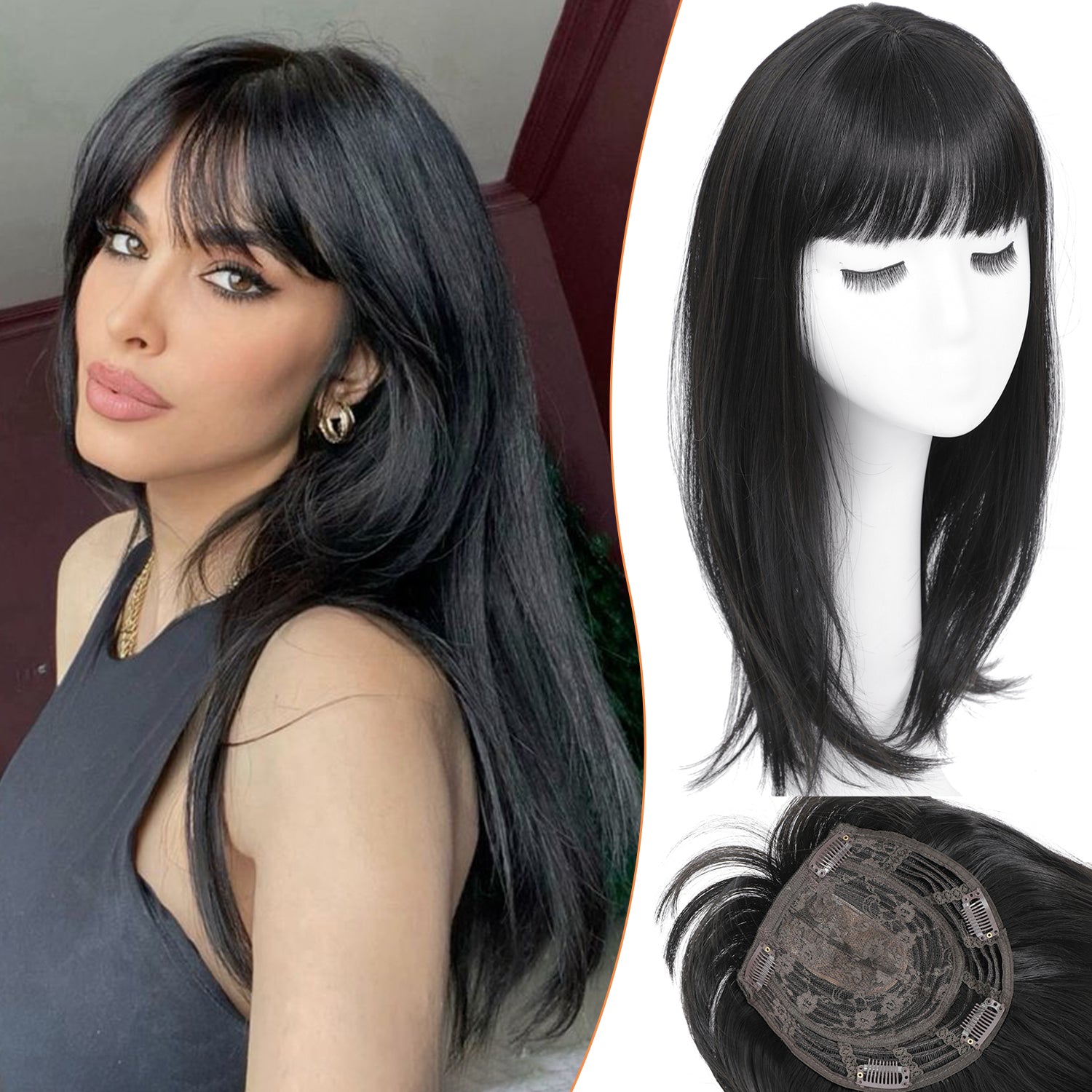 18" Hair Topper with Bangs Natural Straight Wavy 6.5x6.5inch Base