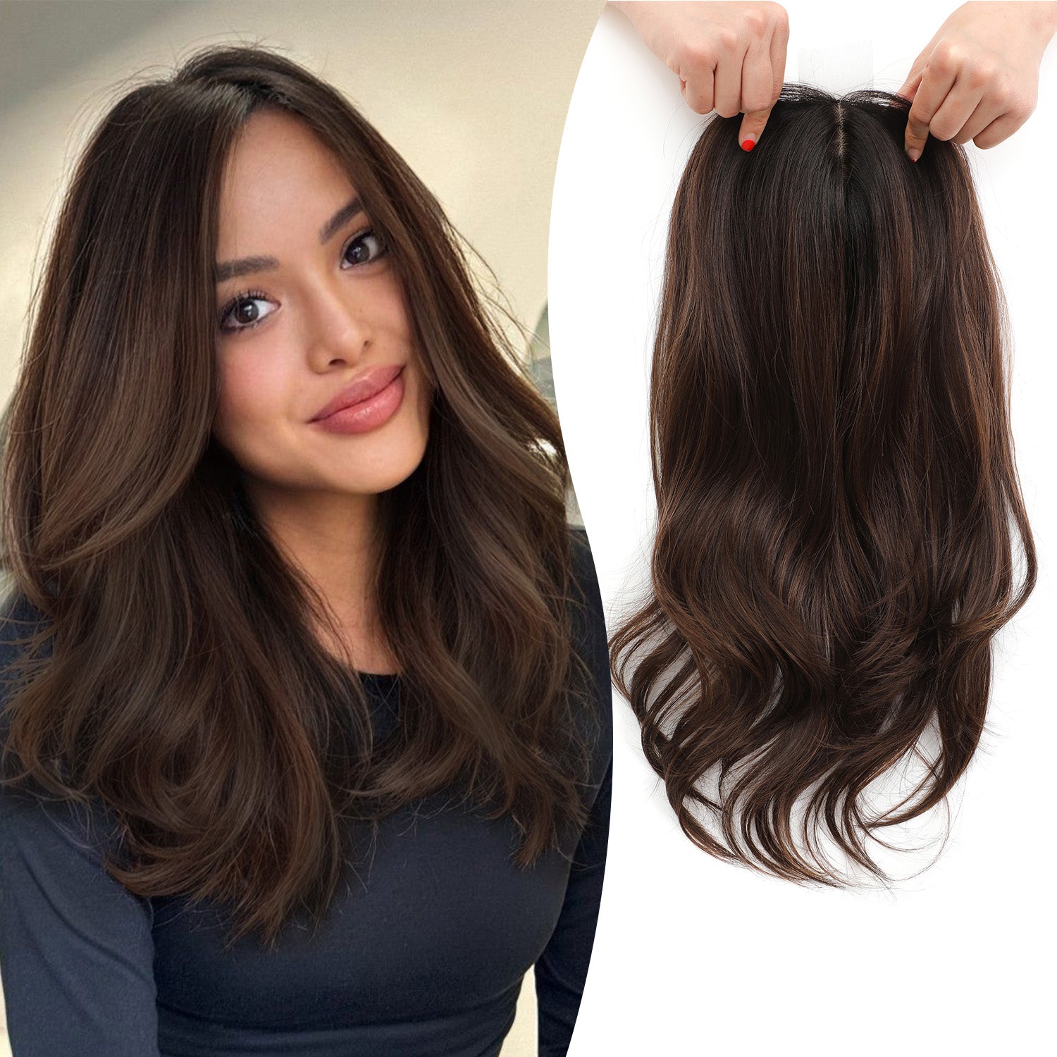 18" Stylish Loose Wave Clip In Hair Topper with Skin Part