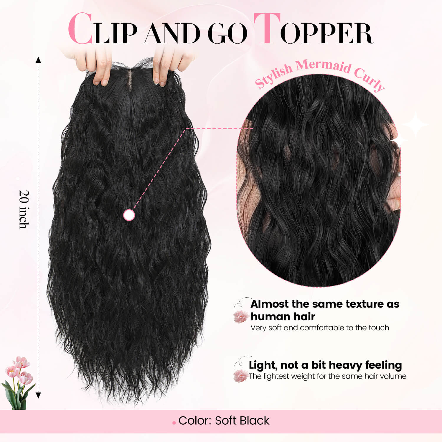20" Mermaid Curly Hair Toppers with 5Clips Synthetic Hair 6.5x6.5inch Base