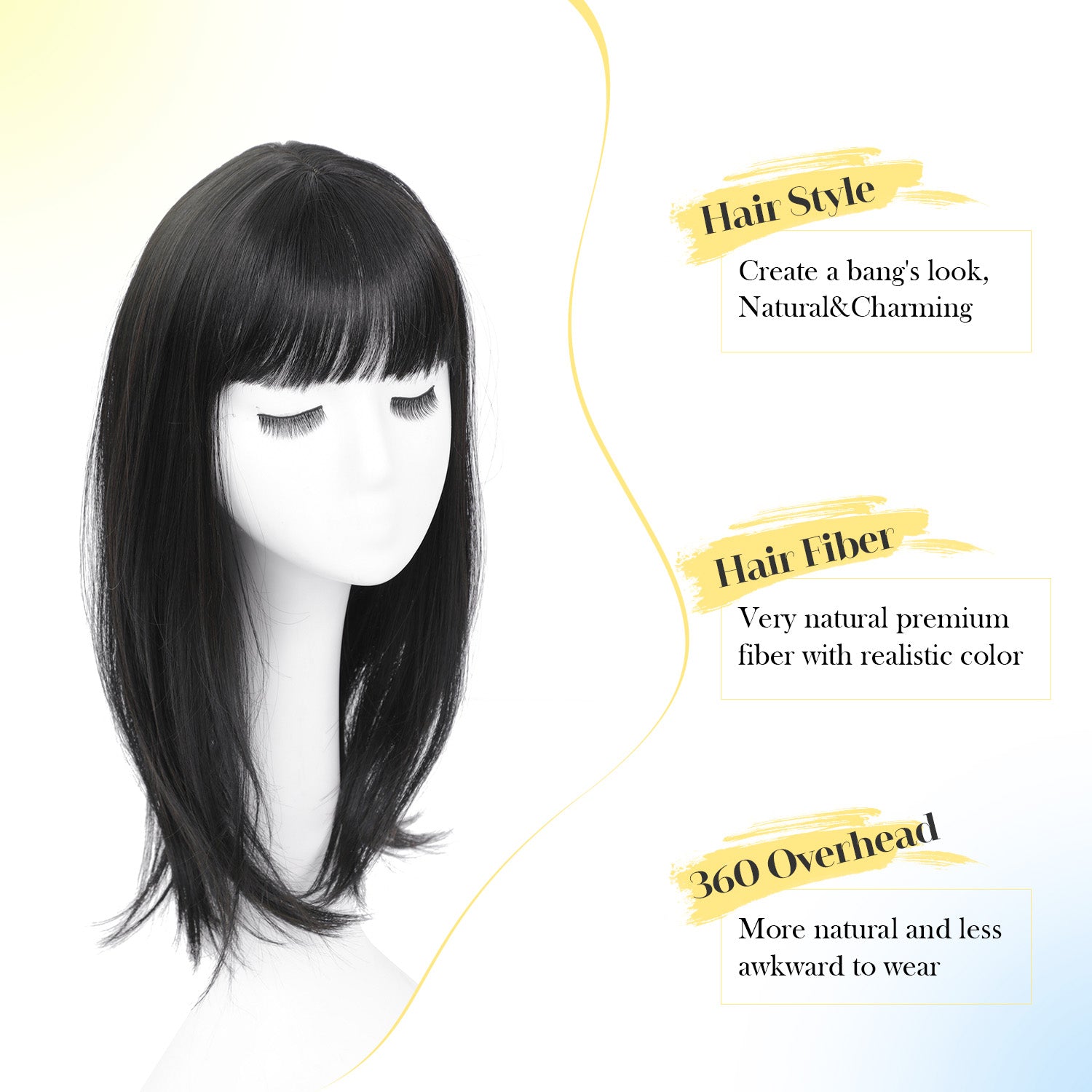 18" Hair Topper with Bangs Natural Straight Wavy 6.5x6.5inch Base