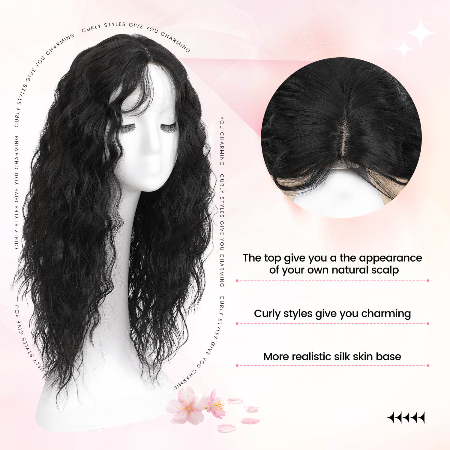 20" Mermaid Curly Hair Toppers with 5Clips Synthetic Hair 6.5x6.5inch Base