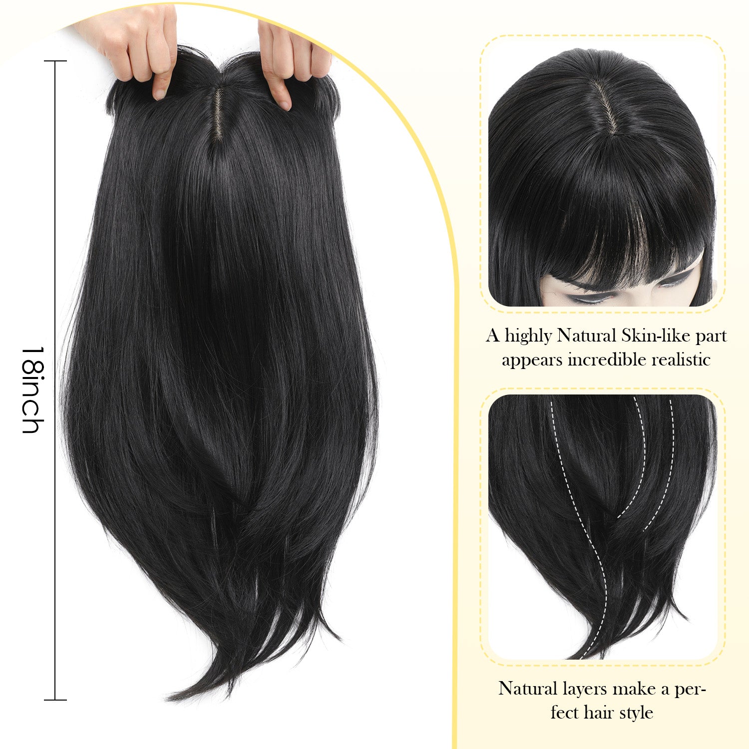 18" Hair Topper with Bangs Natural Straight Wavy 6.5x6.5inch Base