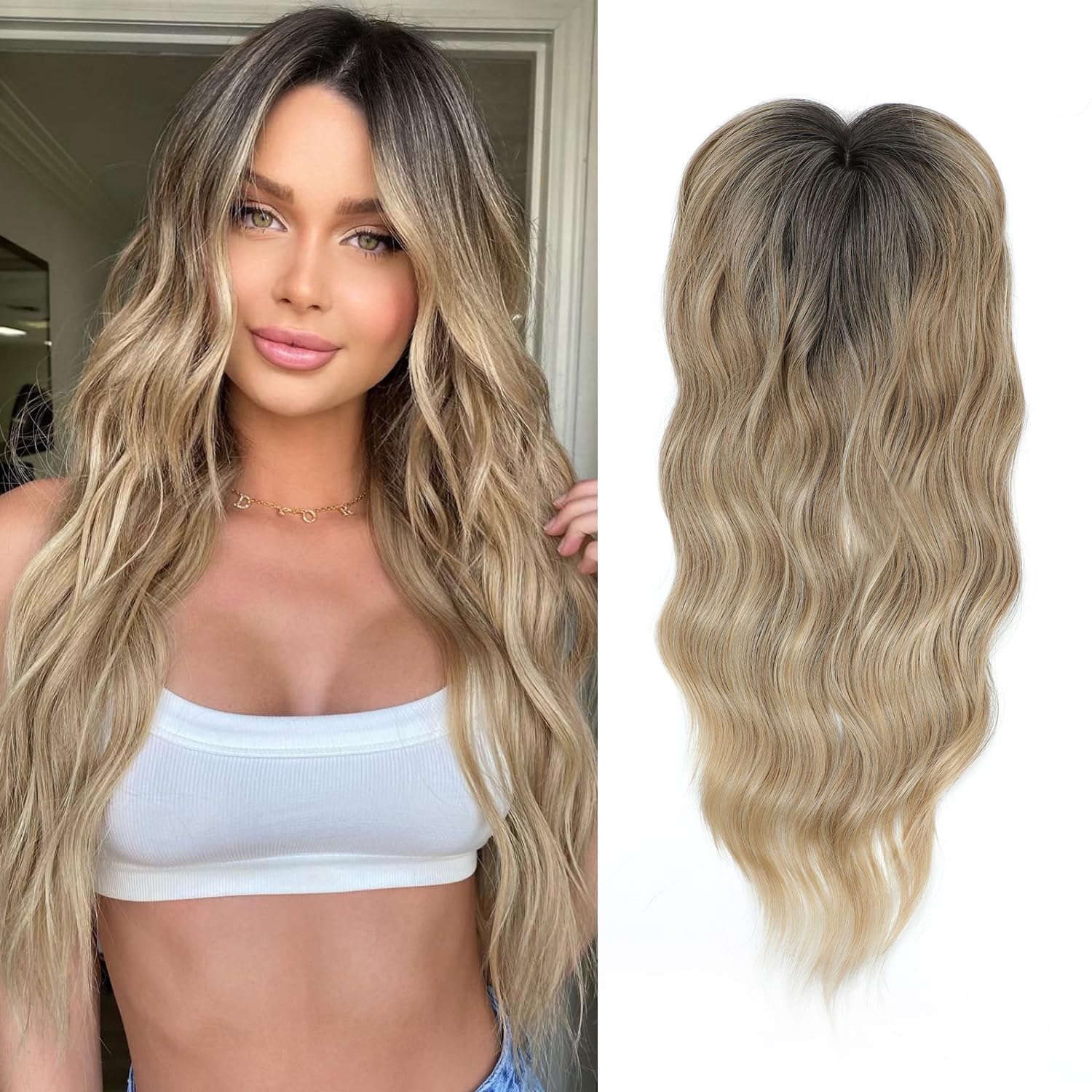 20" Wavy Curly Synthetic Hair Topper with 6.5x6.5inch Base