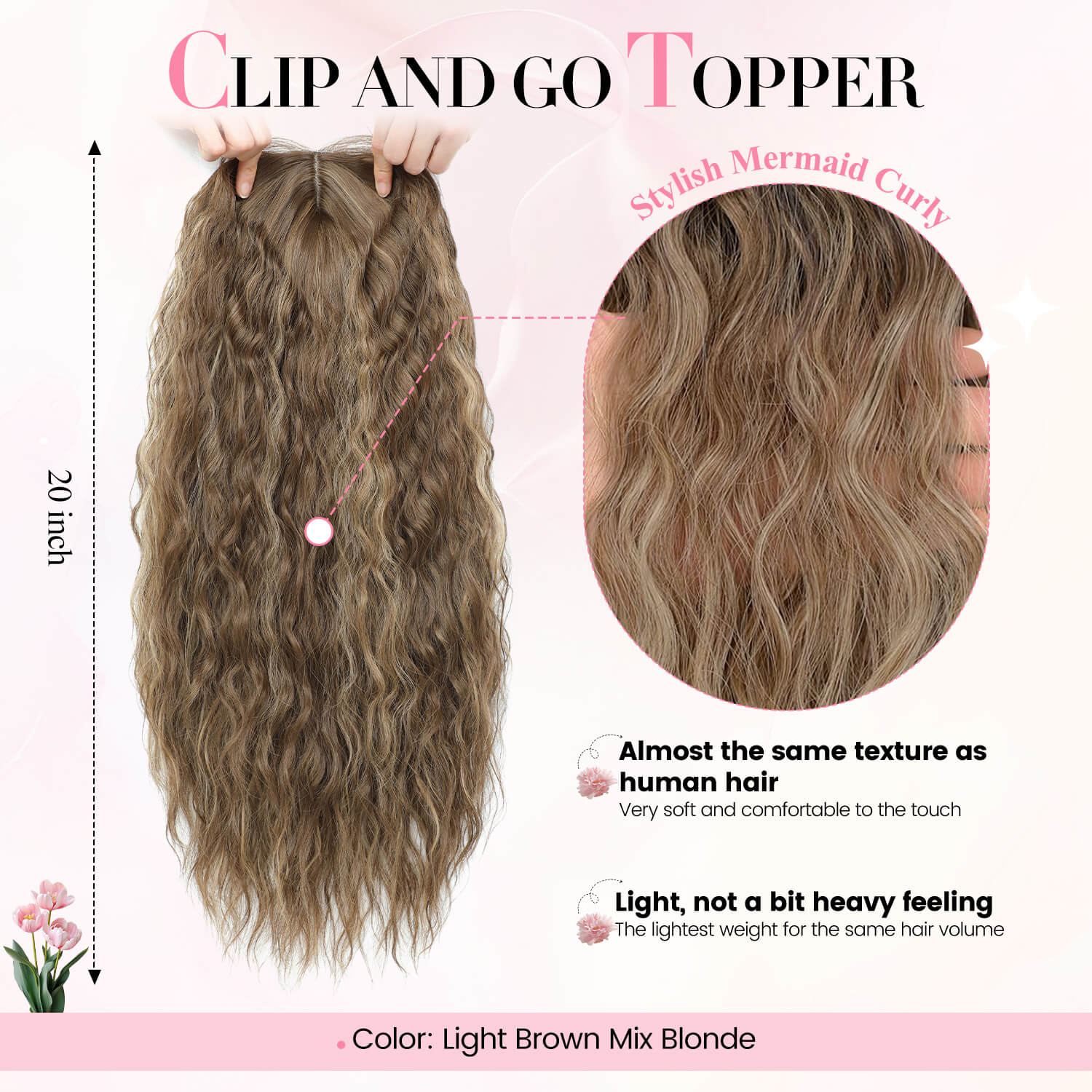 20" Mermaid Curly Hair Toppers with 5Clips Synthetic Hair 6.5x6.5inch Base