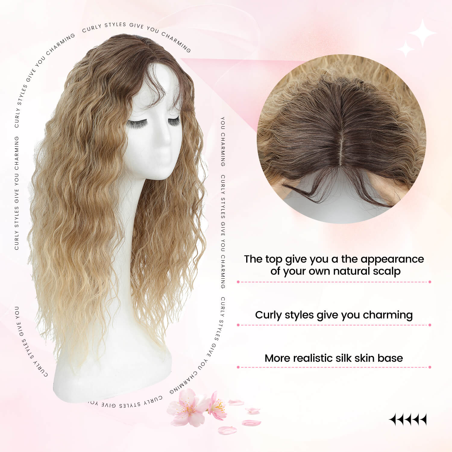 20" Mermaid Curly Hair Toppers with 5Clips Synthetic Hair 6.5x6.5inch Base