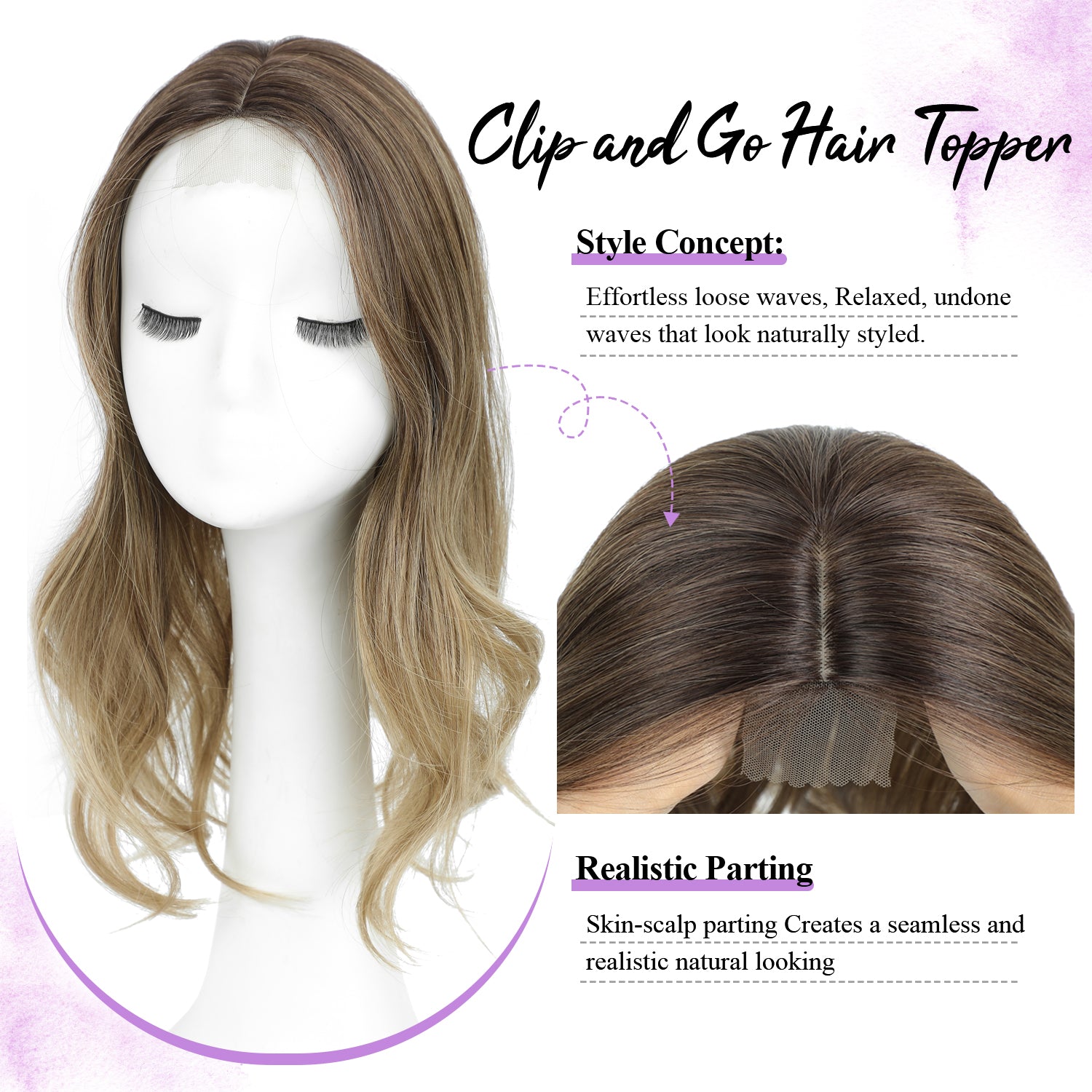 18" Stylish Loose Wave Clip In Hair Topper with Skin Part