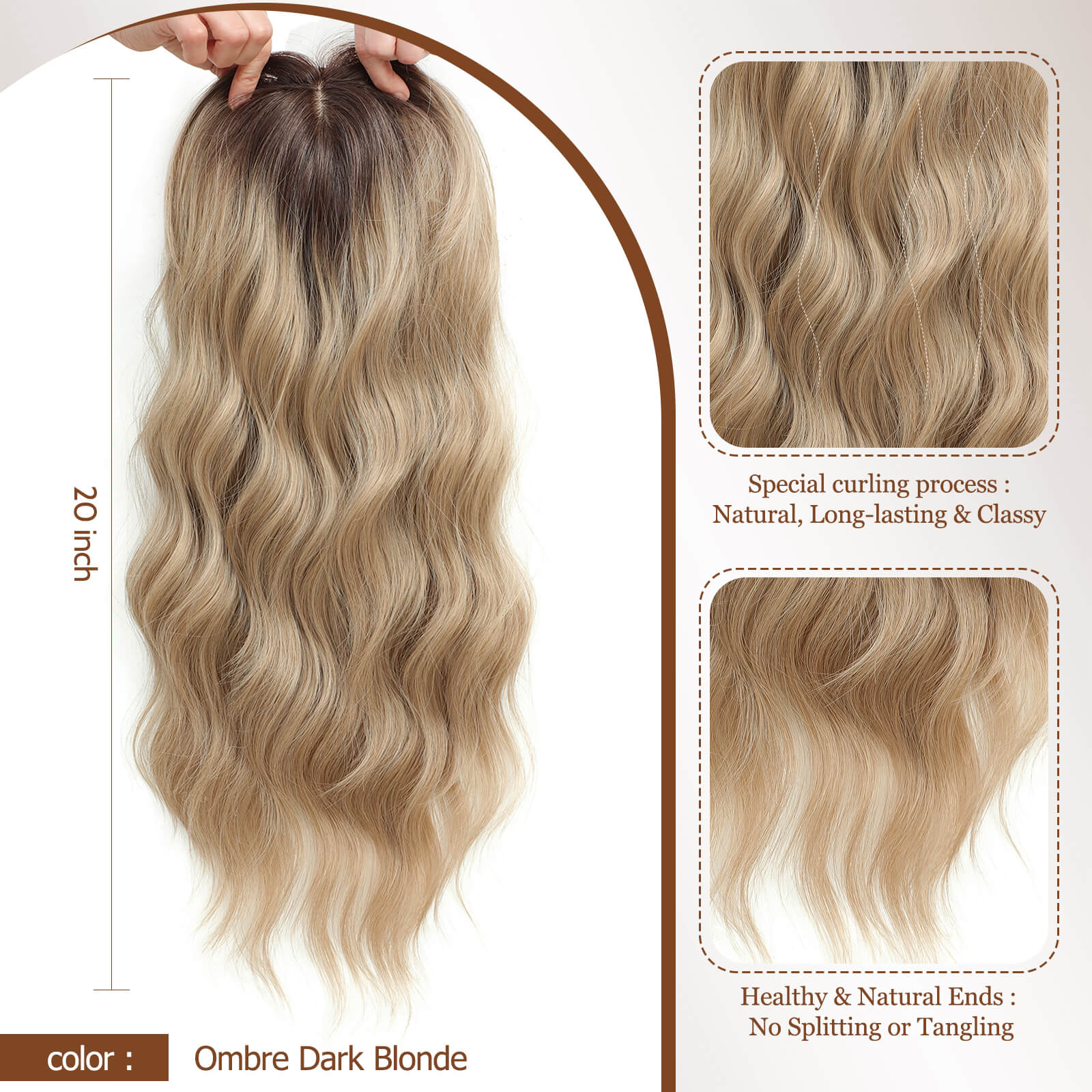 20" Wavy Curly Synthetic Hair Topper with 6.5x6.5inch Base