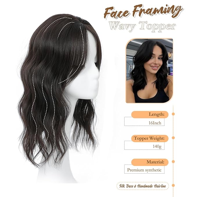 16" Wavy Curly Synthetic Hair Topper with 6.5x6.5inch Base