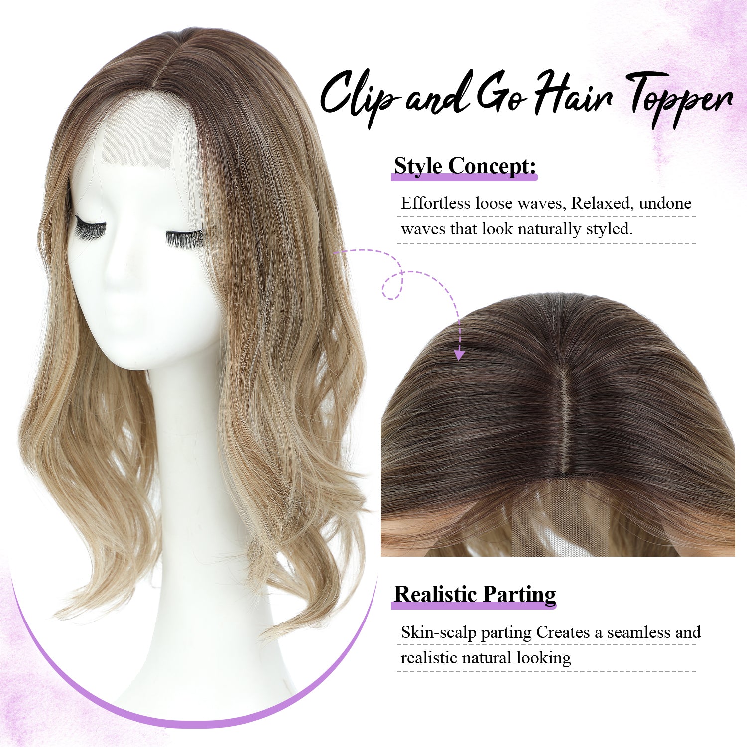 18" Stylish Loose Wave Clip In Hair Topper with Skin Part