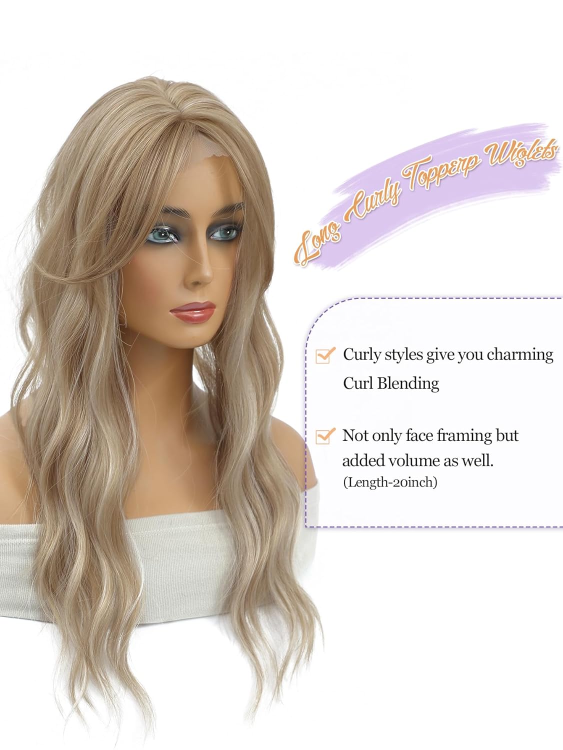 20" Wavy Curly Synthetic Hair Topper with 6.5x6.5inch Base