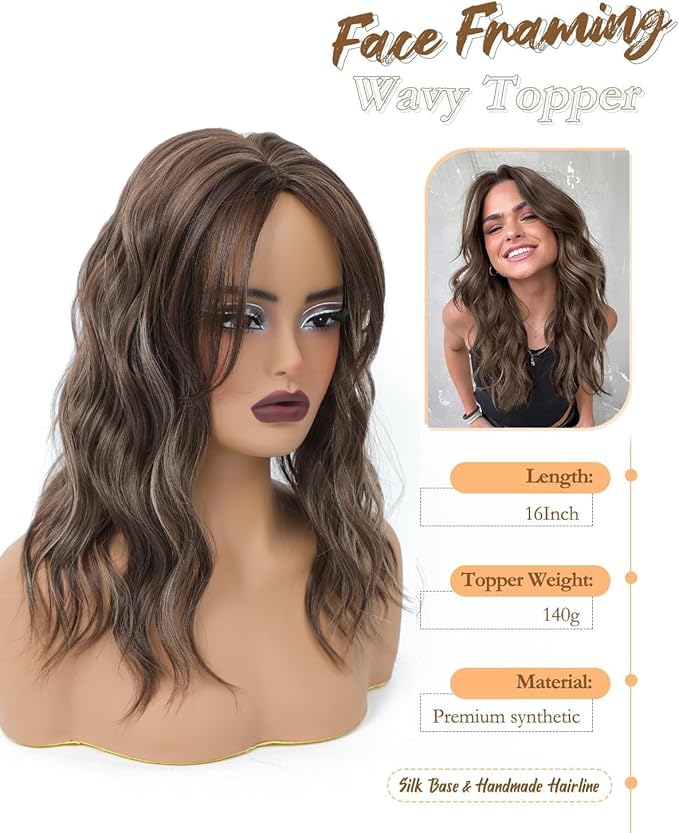 16" Wavy Curly Synthetic Hair Topper with 6.5x6.5inch Base