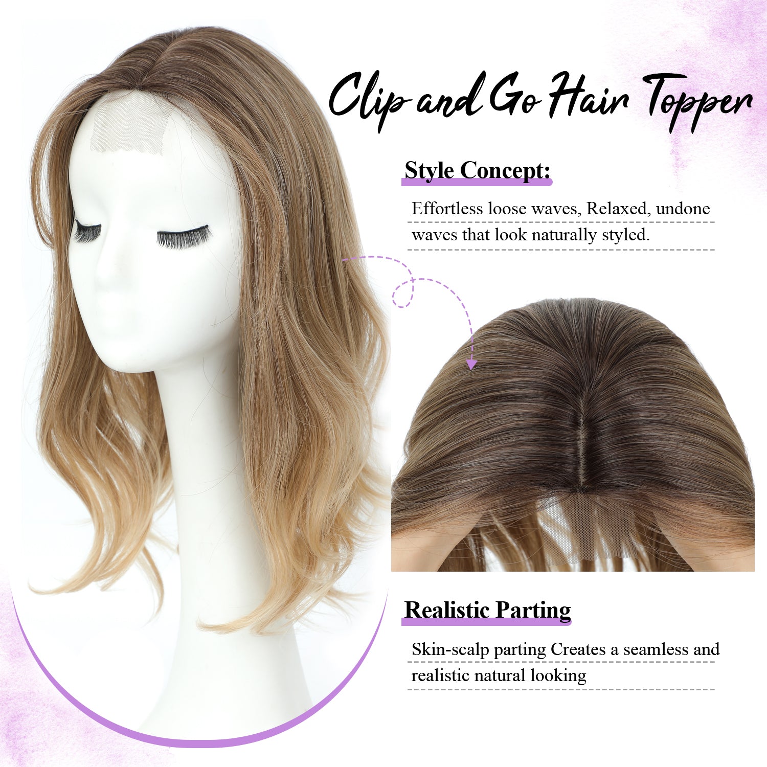 18" Stylish Loose Wave Clip In Hair Topper with Skin Part