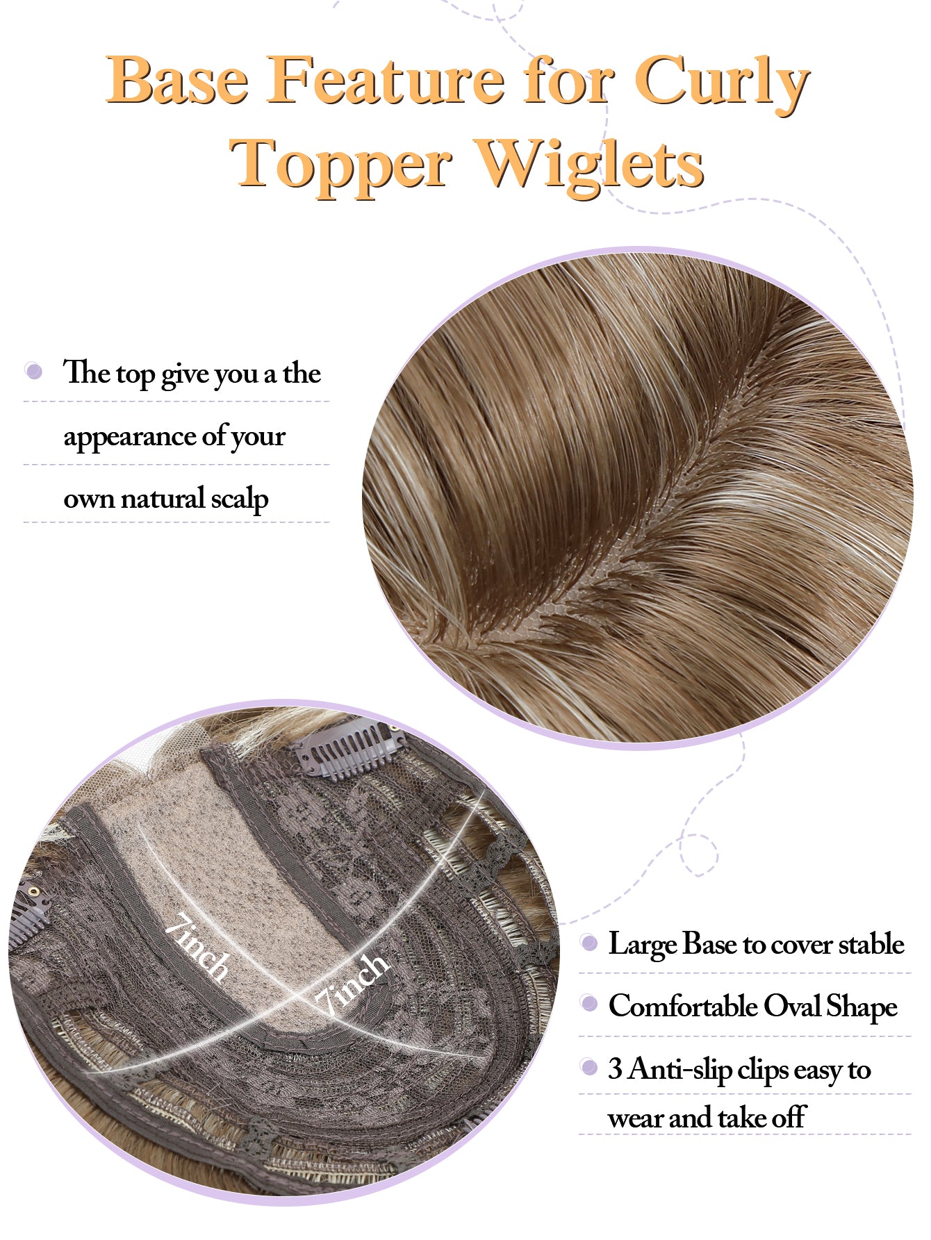 20" Wavy Curly Synthetic Hair Topper with 6.5x6.5inch Base