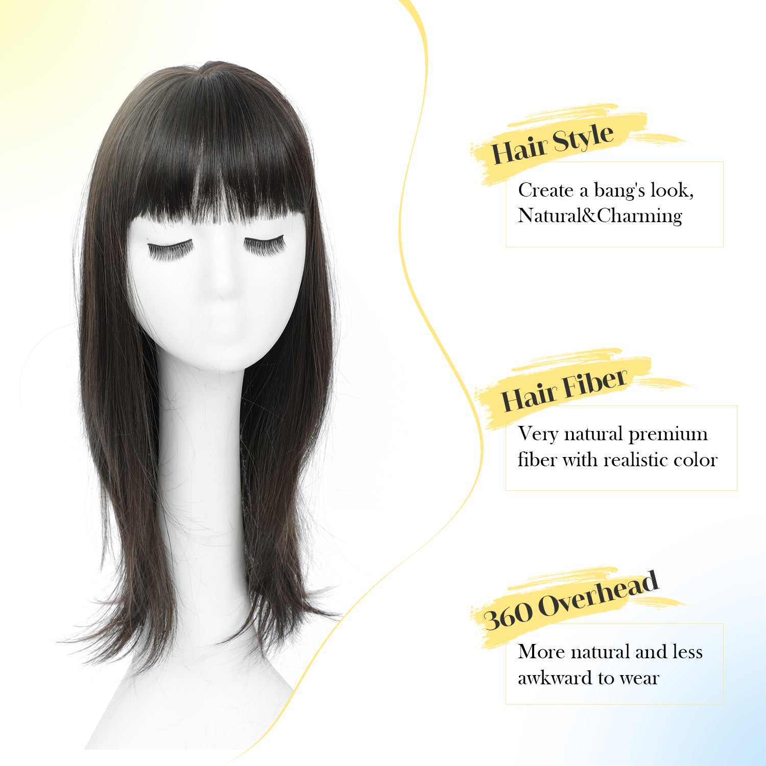 18" Hair Topper with Bangs Natural Straight Wavy 6.5x6.5inch Base
