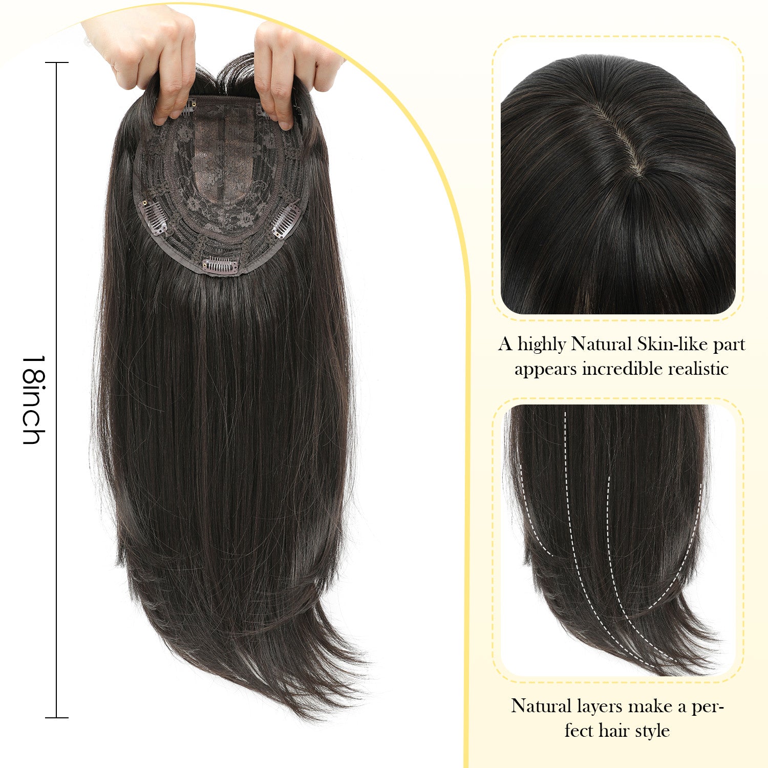 18" Hair Topper with Bangs Natural Straight Wavy 6.5x6.5inch Base