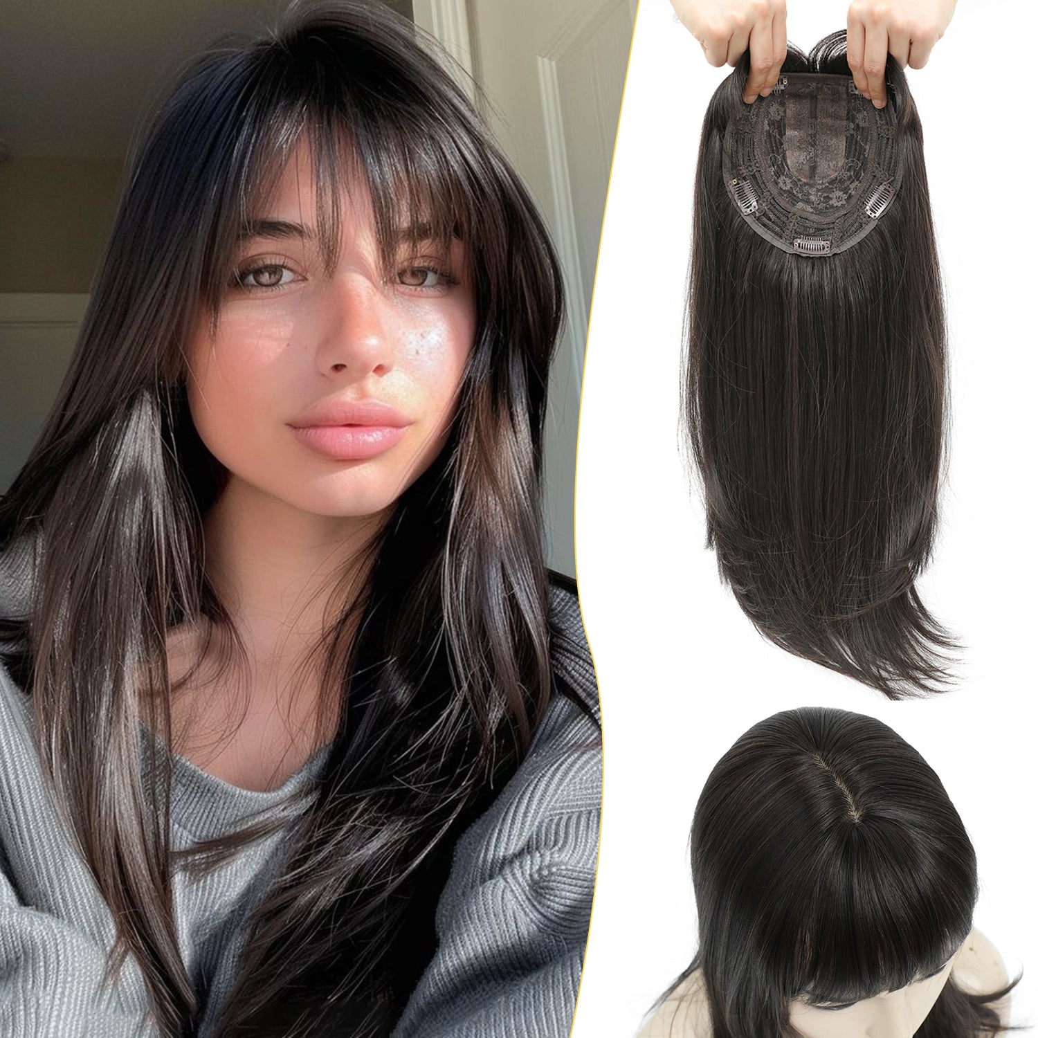 18" Hair Topper with Bangs Natural Straight Wavy 6.5x6.5inch Base