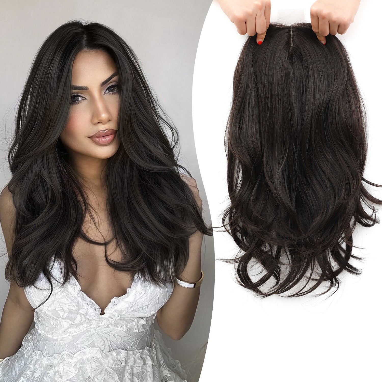18" Stylish Loose Wave Clip In Hair Topper with Skin Part