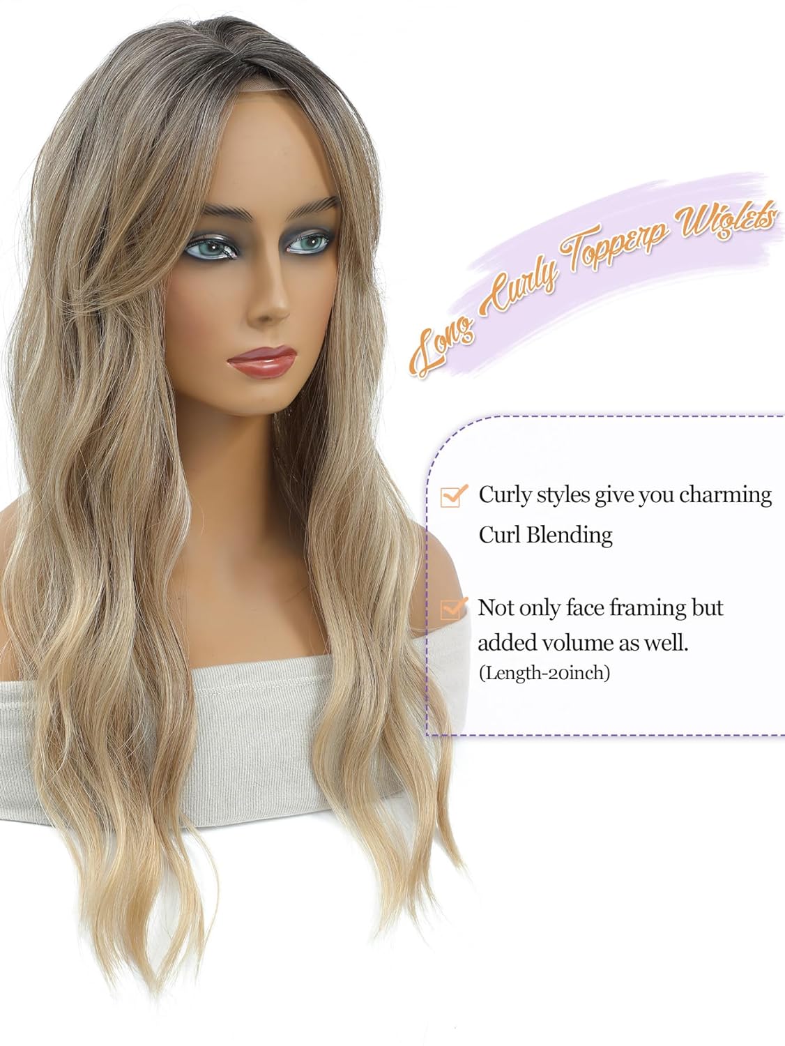 20" Wavy Curly Synthetic Hair Topper with 6.5x6.5inch Base