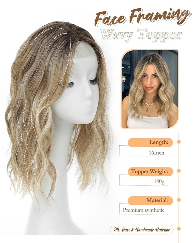 16" Wavy Curly Synthetic Hair Topper with 6.5x6.5inch Base
