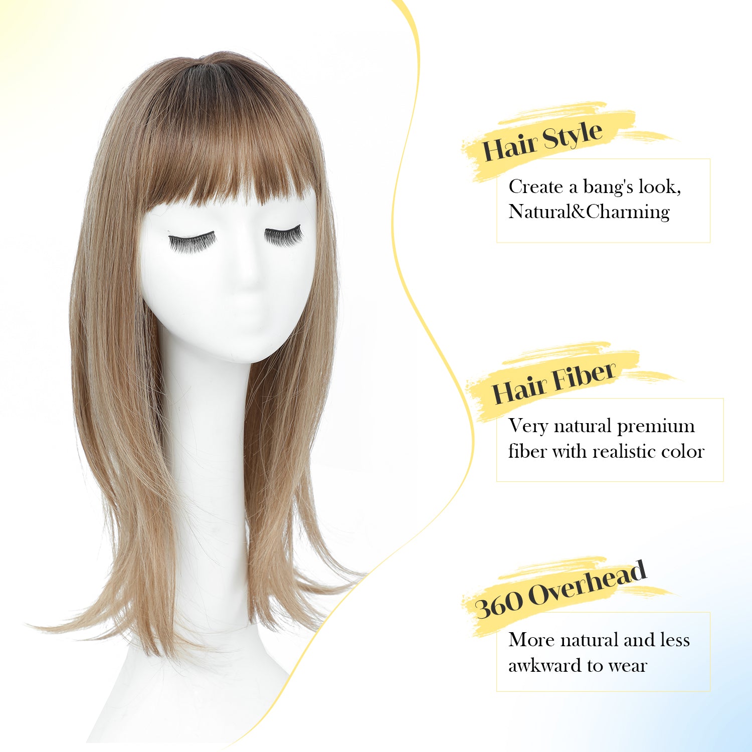 18" Hair Topper with Bangs Natural Straight Wavy 6.5x6.5inch Base