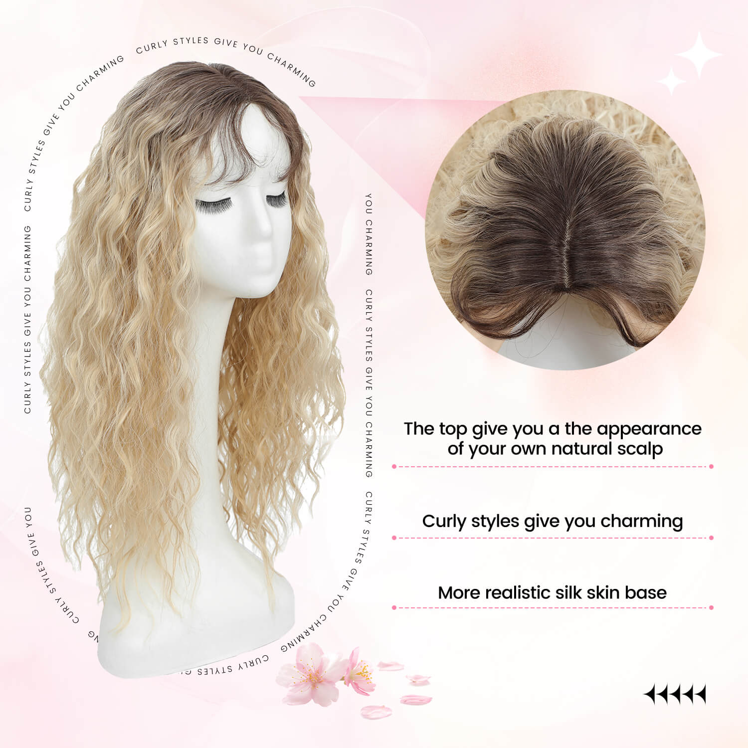 20" Mermaid Curly Hair Toppers with 5Clips Synthetic Hair 6.5x6.5inch Base