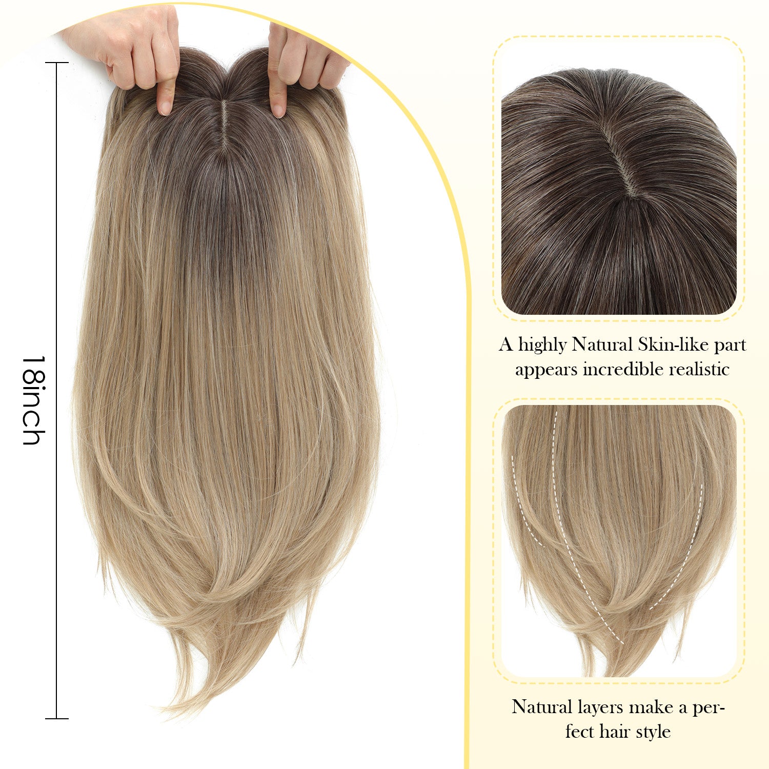 18" Hair Topper with Bangs Natural Straight Wavy 6.5x6.5inch Base