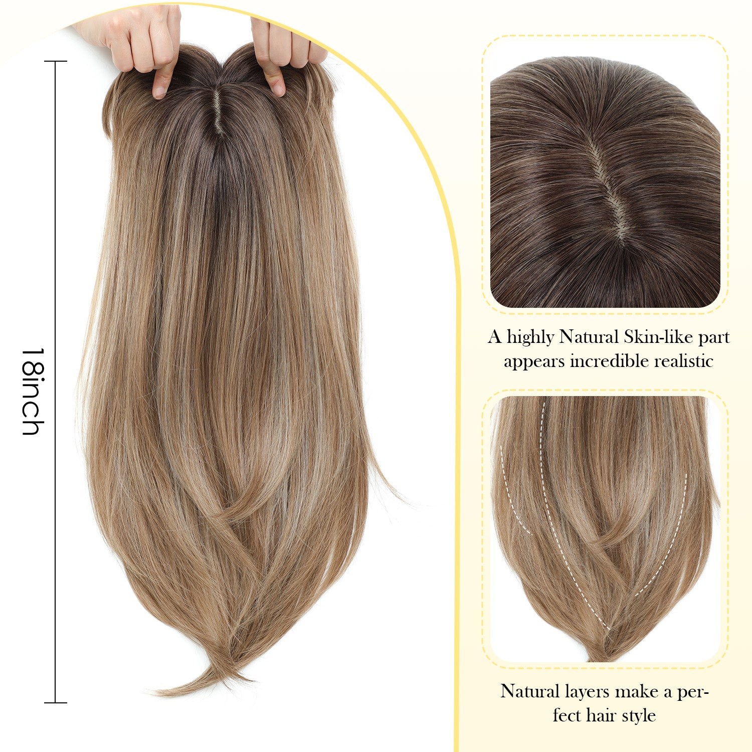 18" Hair Topper with Bangs Natural Straight Wavy 6.5x6.5inch Base