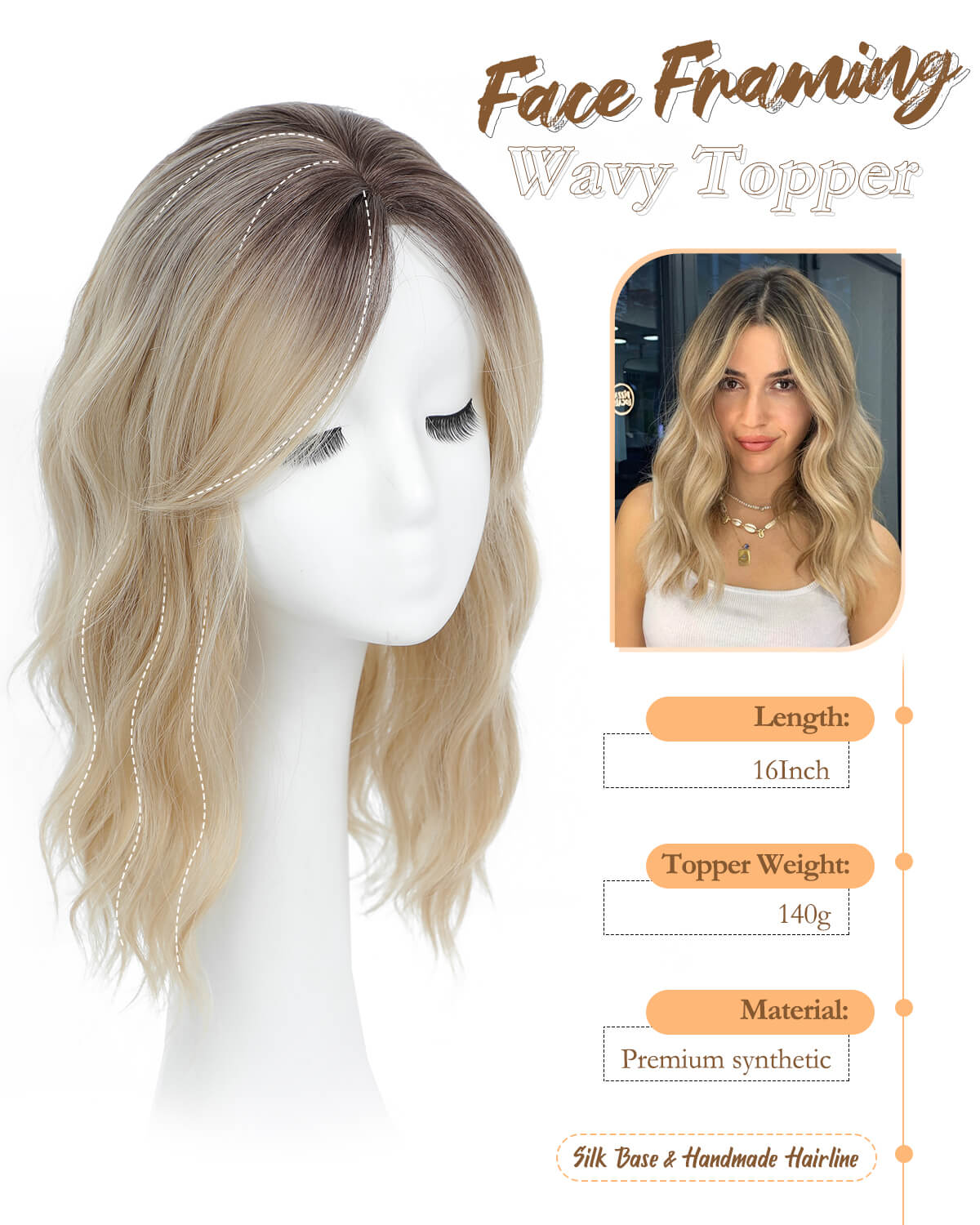 16" Wavy Curly Synthetic Hair Topper with 6.5x6.5inch Base