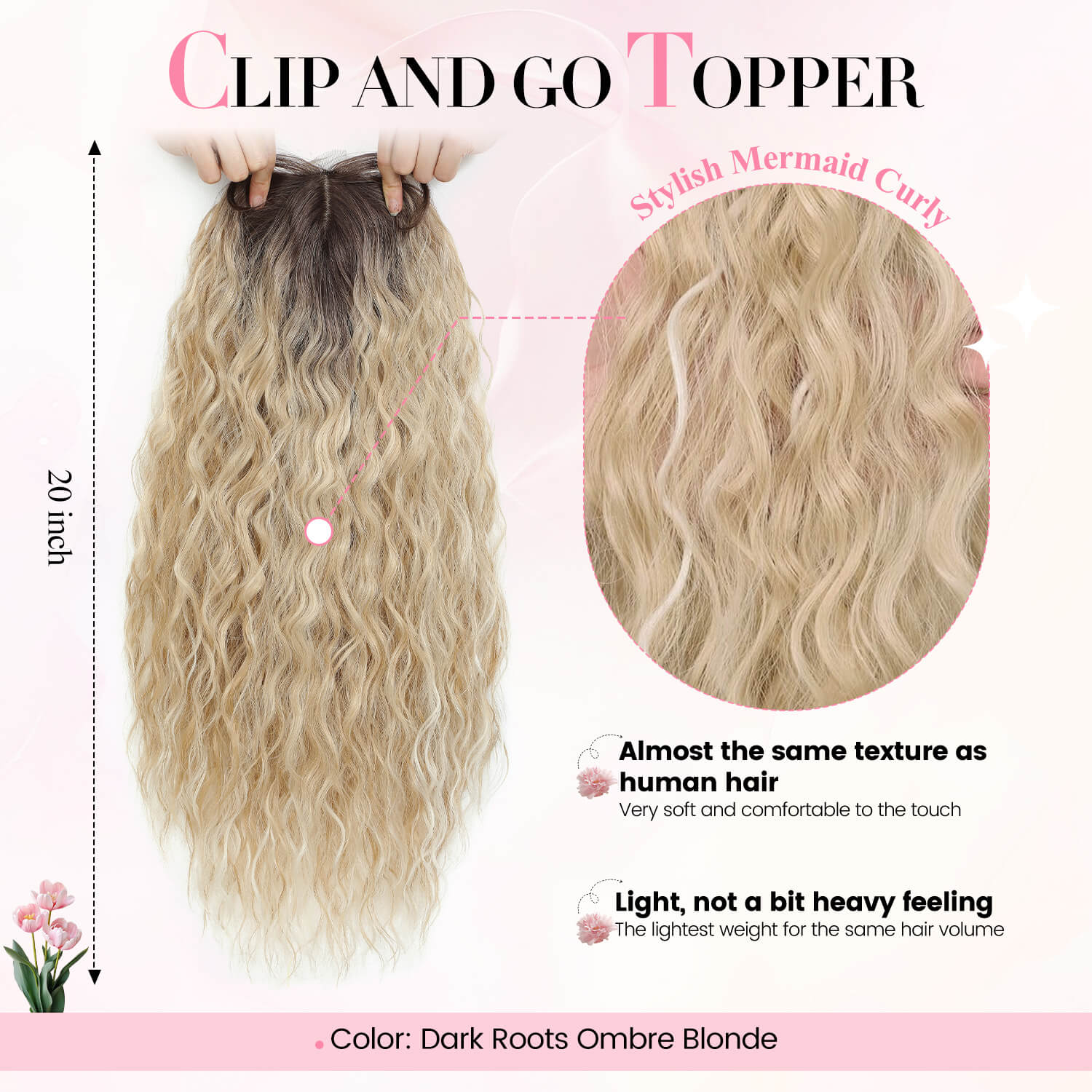 20" Mermaid Curly Hair Toppers with 5Clips Synthetic Hair 6.5x6.5inch Base