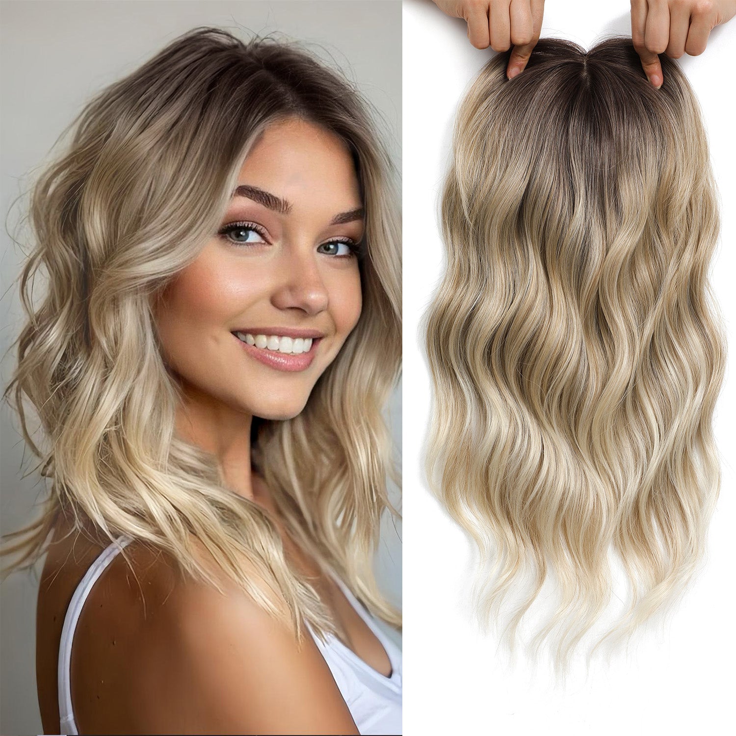 16" Wavy Curly Synthetic Hair Topper with 6.5x6.5inch Base