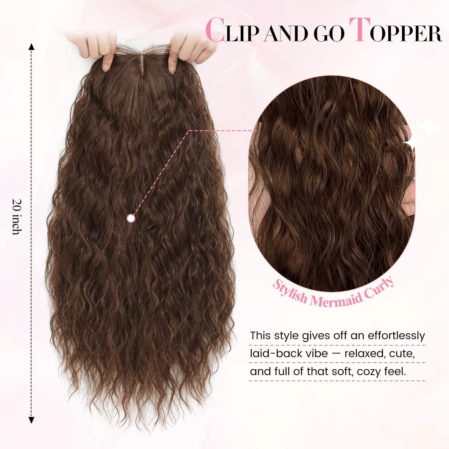 20" Mermaid Curly Hair Toppers with 5Clips Synthetic Hair 6.5x6.5inch Base
