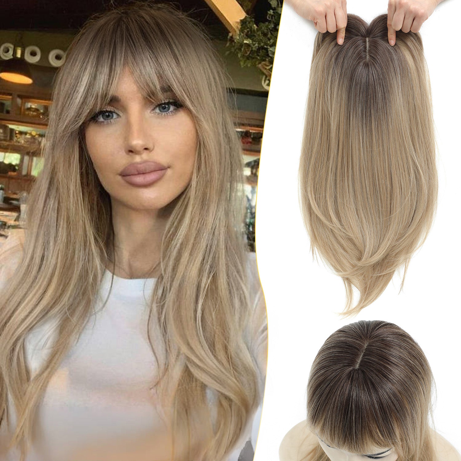 18" Hair Topper with Bangs Natural Straight Wavy 6.5x6.5inch Base